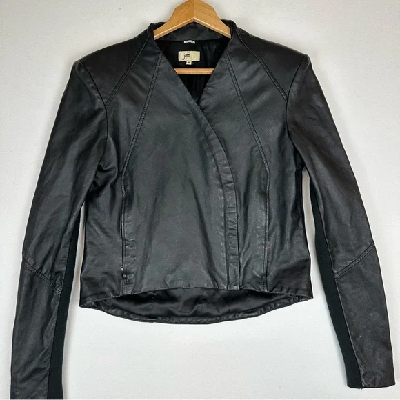 June Asymmetrical Leather Crop Jacket Black - Picture 1 of 9
